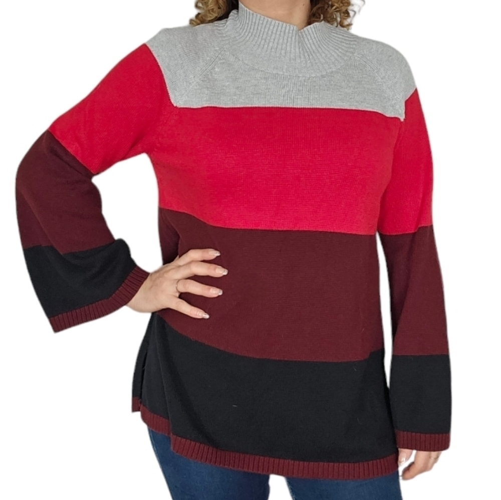 Charter Club Flats Sleeve Block Color Sweater Size X Large Grey Red Black